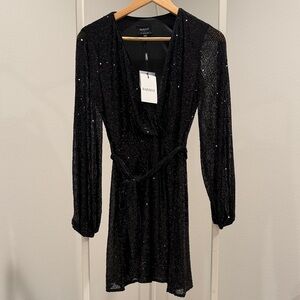 Bardot Sequin Black Mini Long Sleeve Dress XS